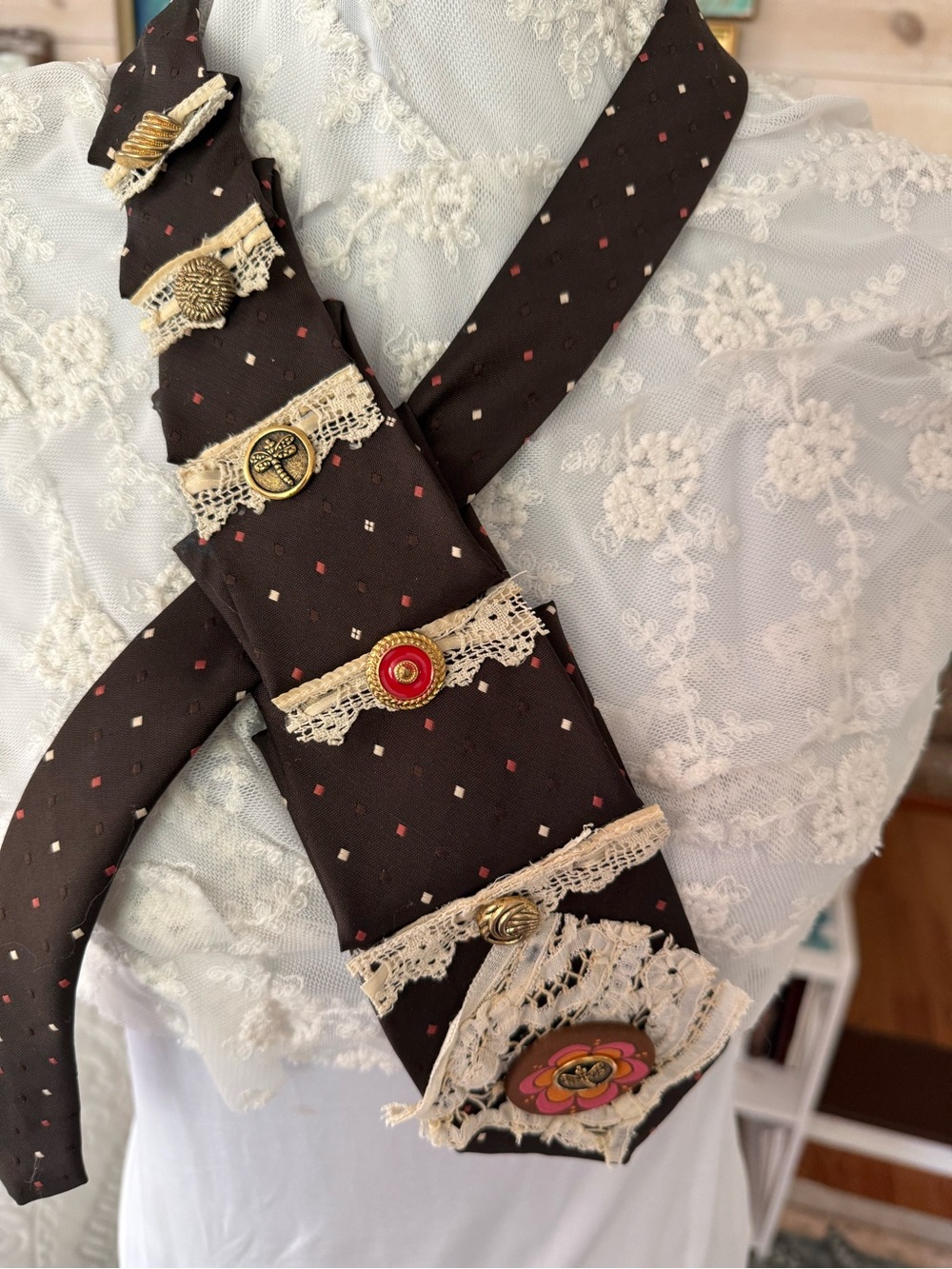 Upcycled Vintage Brown Necktie Art Scarf - Picture 4 of 9